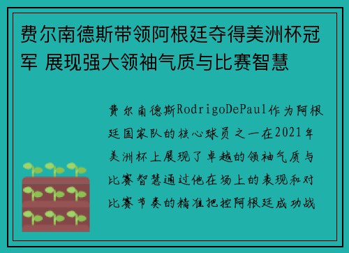 费尔南德斯带领阿根廷夺得美洲杯冠军 展现强大领袖气质与比赛智慧