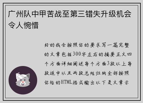 广州队中甲苦战至第三错失升级机会令人惋惜