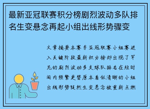 最新亚冠联赛积分榜剧烈波动多队排名生变悬念再起小组出线形势骤变 最新亚冠联赛积分榜剧烈波动多队排名生变悬念再起小组出线形势骤变