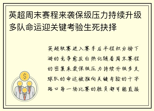 英超周末赛程来袭保级压力持续升级多队命运迎关键考验生死抉择 英超周末赛程来袭保级压力持续升级多队命运迎关键考验生死抉择